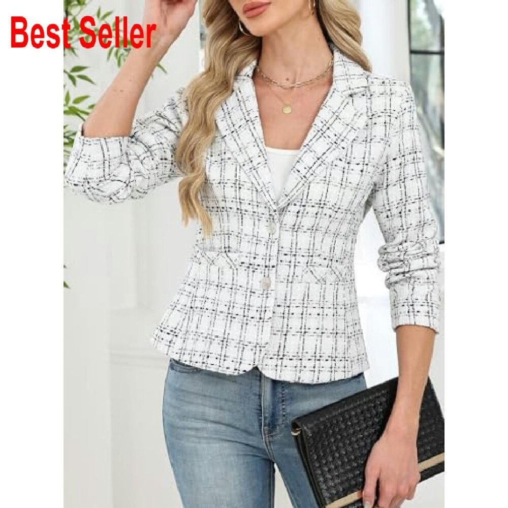 Tweed Blazer Slim Fit Business Casual Jacket Classic Elegant Work Wear - Picture 5 of 8